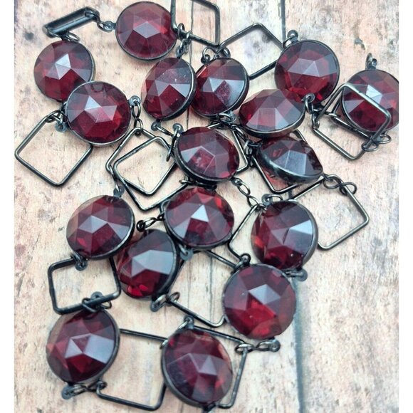 Black Metal Link Chain Dark Deep Red Round Beads Long 36" Necklace Pull Over - Picture 5 of 6